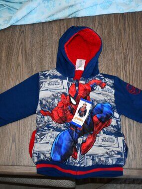 Marvel Boy's Spiderman Plush Hoodie Jacket Blue Red Fleece Sherpa Lined size 7